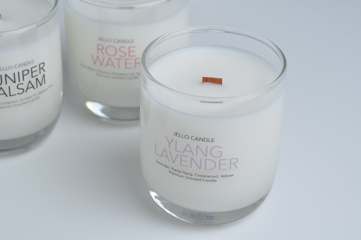 Aroma Container Candle in soothing Ylang Ylang Lavender scent, crafted with eco-friendly coconut-soy wax and a natural wooden wick.