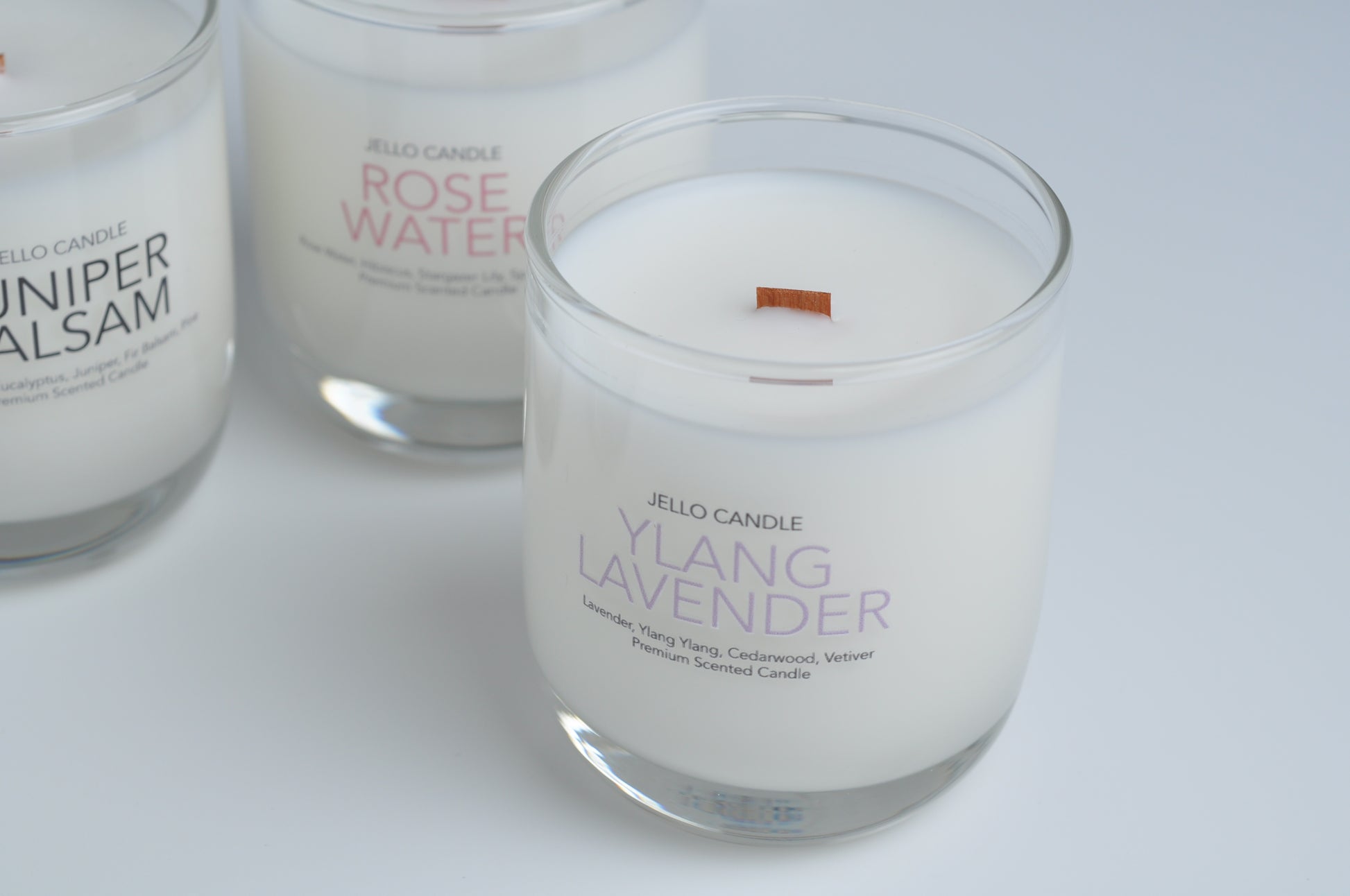 Aroma Container Candle in soothing Ylang Ylang Lavender scent, crafted with eco-friendly coconut-soy wax and a natural wooden wick.