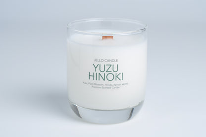 Aroma Container Candle in Yuzu Hinoki scent, featuring a premium coconut-soy wax blend and FSC-certified wooden wick.