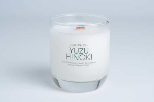 Aroma Container Candle in Yuzu Hinoki scent, featuring a premium coconut-soy wax blend and FSC-certified wooden wick.
